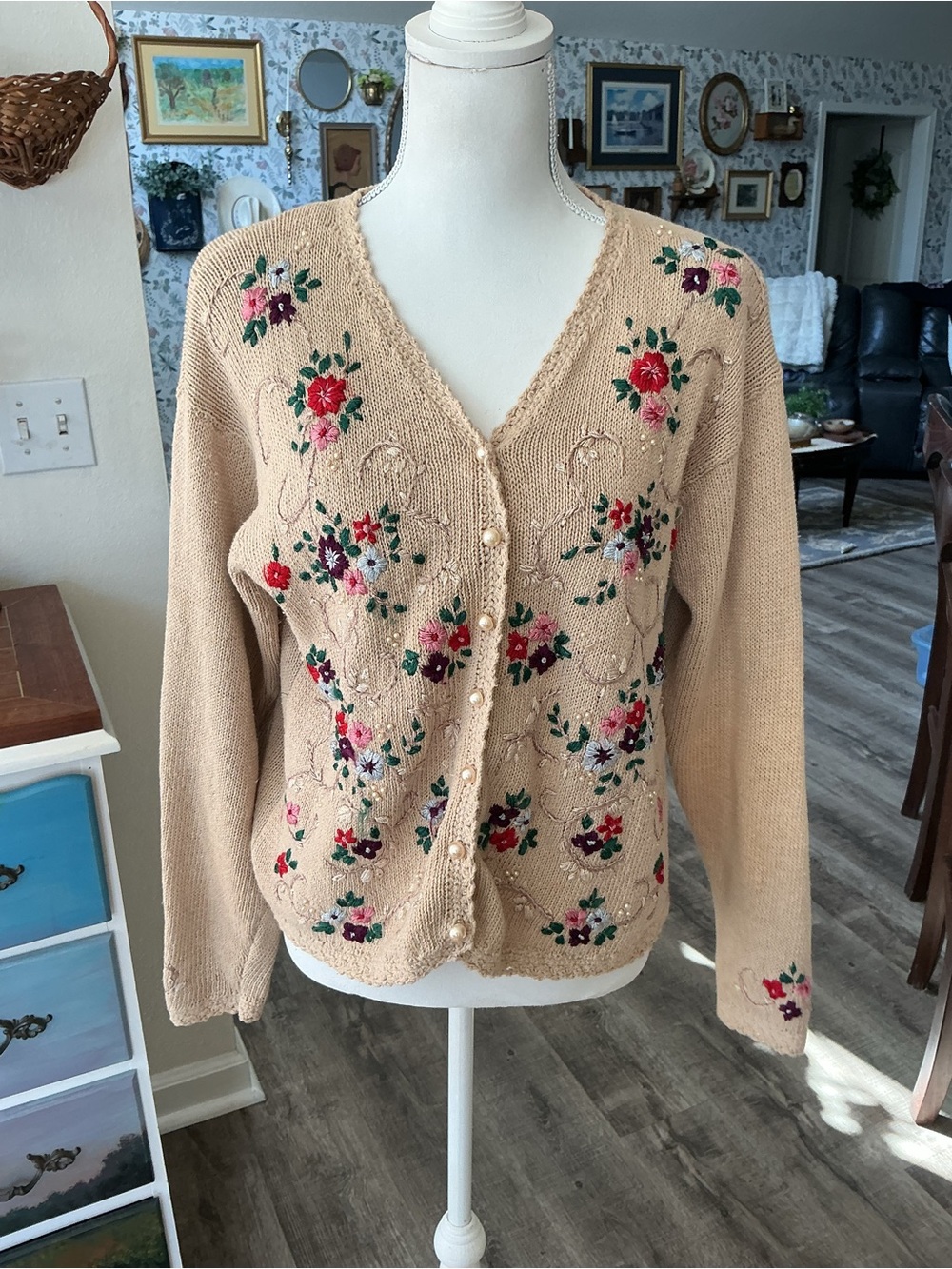 Floral Embroidered Pearl Buttons Cardigan Knit Sweater Tan Medium Ramie Cotton